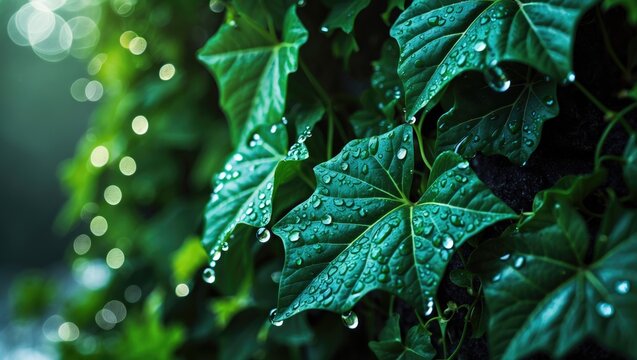 English ivy adorned with morning dew