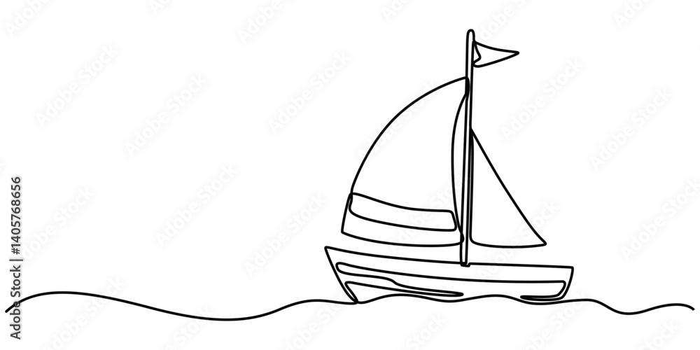 Poster Continuous one single minimal line drawing sailing, Sailboat continuous one line icon drawing on white background, Sea boat vector illustration in doodle style, one line drawing outline vector art.