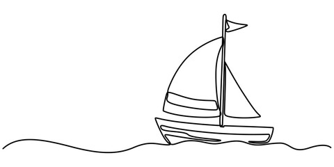 Continuous one single minimal line drawing sailing, Sailboat continuous one line icon drawing on white background, Sea boat vector illustration in doodle style, one line drawing outline vector art.