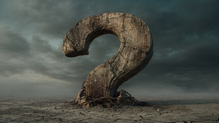 Wooden question mark in cracked earth, under a cloudy sky, representing uncertainty, mystery, or existential questions, symbolic of hardship and the unknown