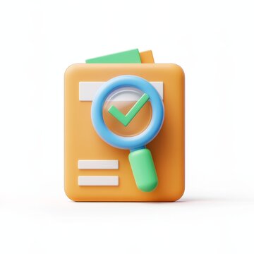 Document review, verification, and approval icon.  A 3D icon of a folder with a magnifying glass and a checkmark.  The icon highlights the process of meticulously examining documents