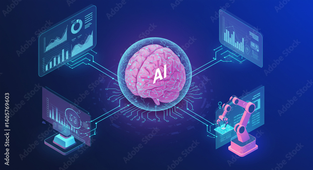 Poster the ai brain, a central hub of data analysis and robotic automation, pulsates with information and i