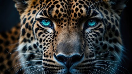 Obraz premium Intense stare of blue-green eyes from a majestic leopard in the shadows, full face portrait of a strong creature