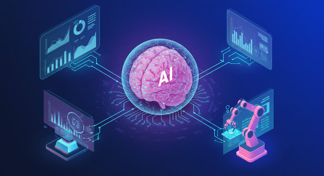 The AI brain, a central hub of data analysis and robotic automation, pulsates with information and innovative potential, showcasing a vibrant futuristic technology landscape with glowing circuitry.