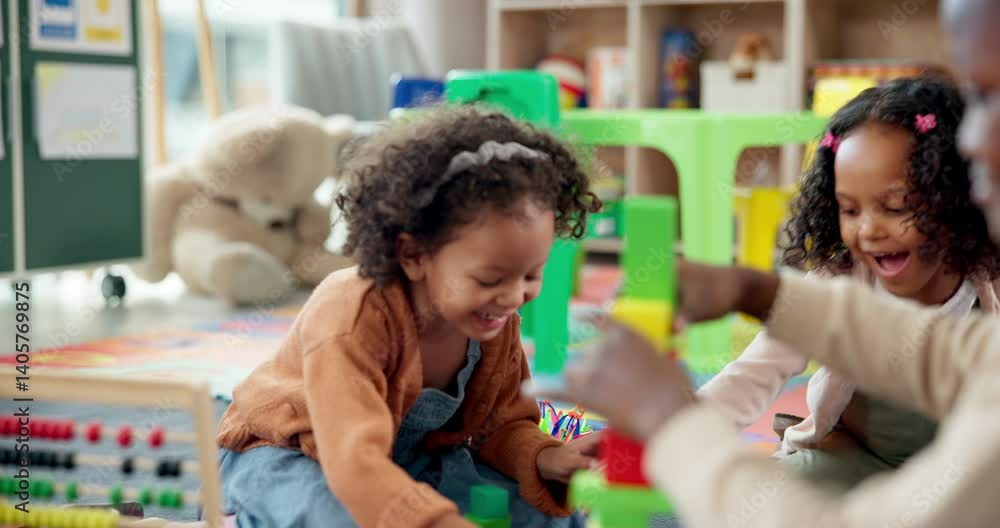 Aufkleber Child, student and play with blocks in class for learning, problem solving and creative activity. Excited, girl and building fail with education game, puzzle solution and motor growth in kindergarden