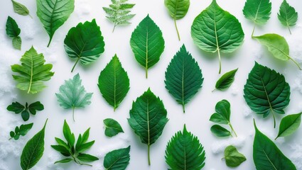 Assortment of green leaves, separated on surface