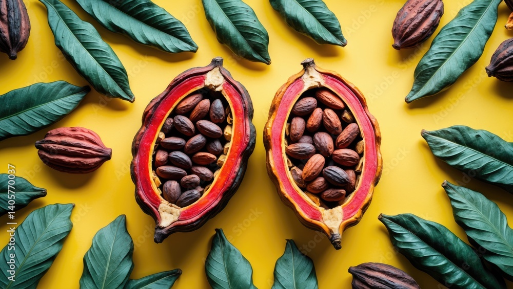 Poster creative setup of cacao beans and cacao fruit on a backdrop. flat lay. culinary concept. macro persp