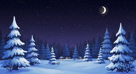 Obraz premium Winter Night's Embrace: Snowy Forest and Crescent Moon AI Generated