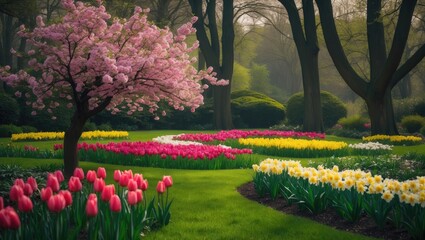 Obraz premium Lively Cherry Blossom Tree and Floral Bed in an Elegant Garden