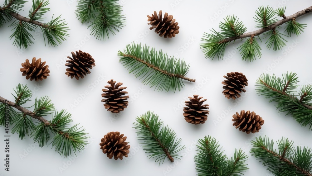 Poster fir tree branch and pine cone set against a background with clipping path