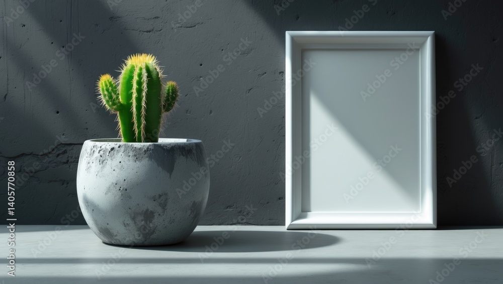 Poster empty white frame against a wall backdrop. mockup. white shelf. cactus in a concrete planter for int