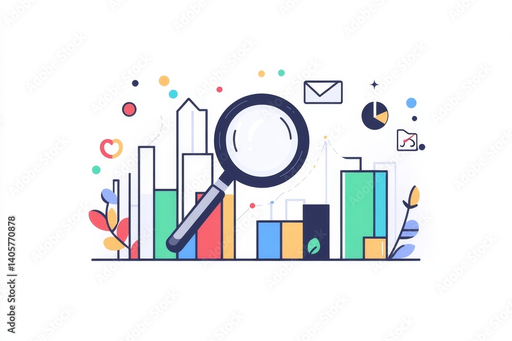 Poster data analysis illustration with magnifying glass focusing on bar charts and graphs. visual represent