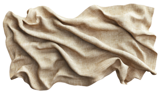 A wrinkled beige fabric is spread out flat, highlighting its natural texture and softness. The draping creates interesting folds that enhance its visual appeal