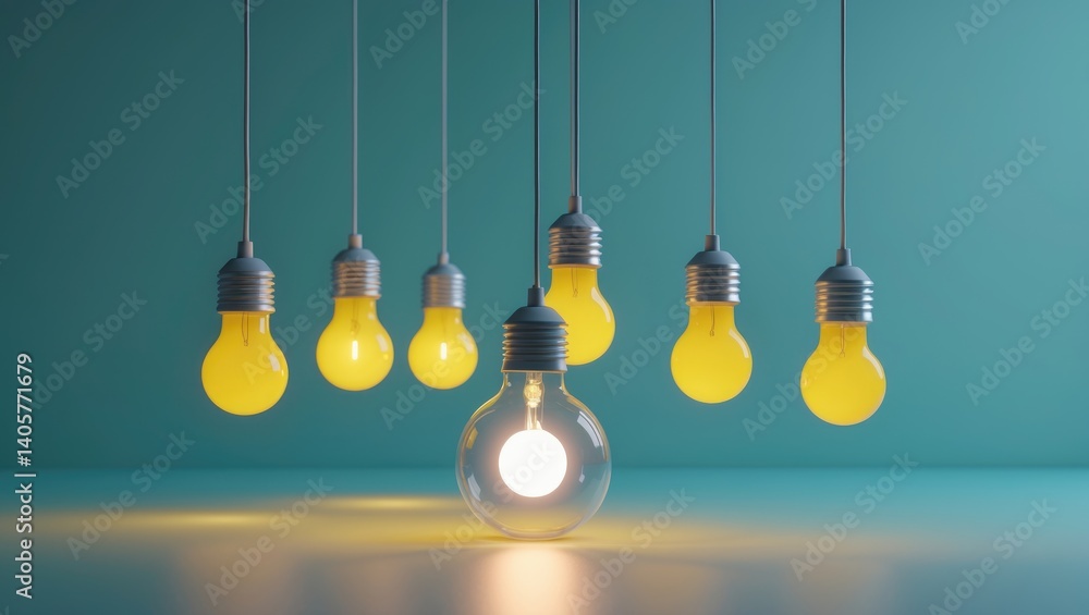 Aufkleber yellow light bulbs hanging with a distinct illuminated idea in the backdrop, minimal design concept,