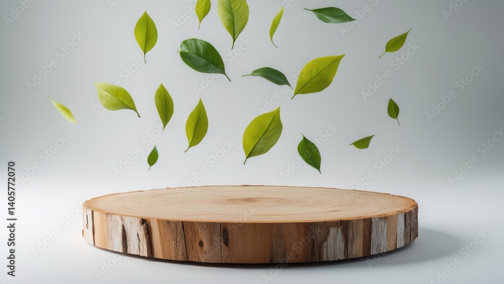 Poster wooden slice display with green floating leaves on a white backdrop. conceptual stage setting for ne