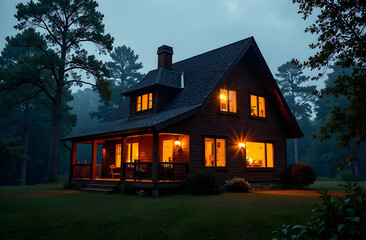Warm-lit wooden house in evening with glowing windows, surrounded by lush greenery and trees, creating a cozy and inviting atmosphere