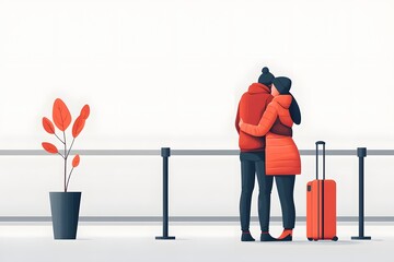 A couple shares a tender embrace at the airport terminal  savoring their last moments together before one departs through the security checkpoint  The scene evokes the bittersweet emotions of longing