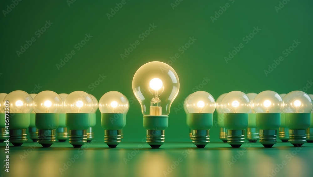 Poster light bulbs in green pantone with one glowing unique idea against a minimal background. overhead per