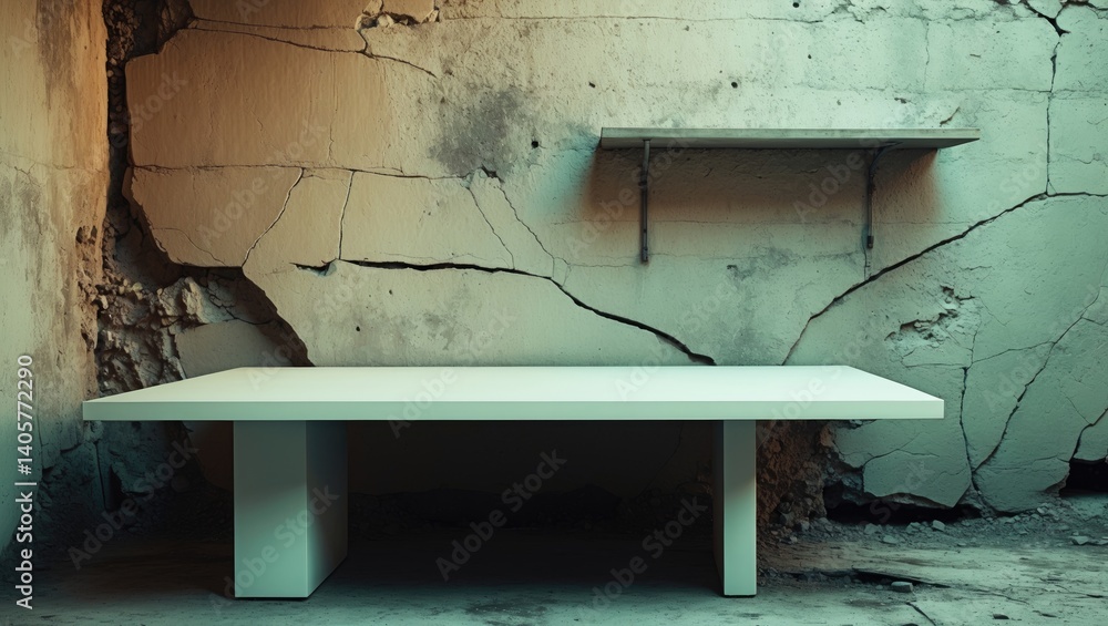 Poster wall shelf devoid of items with a textured background.
