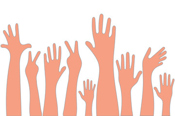 Volunteers and charity work. Raised helping hands. Vector thin line icon illustrations with a crowd of people ready and available to help and contribute. Positive foundation, business, service.