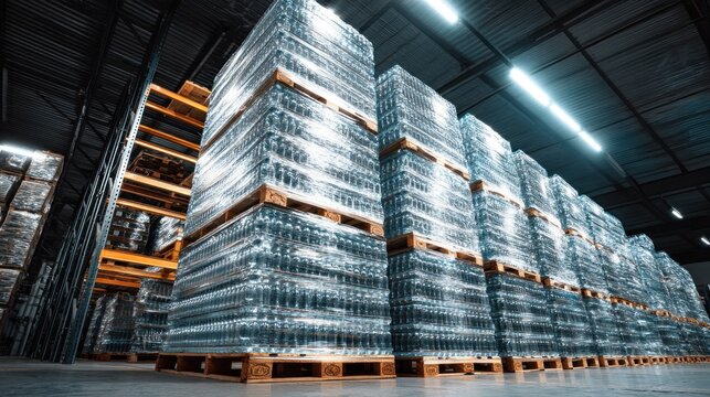 Rows stacked water bottles in modern warehouse. Bottles wrapped in transparent film on wooden pallets. Industrial shelving, bright lighting. 