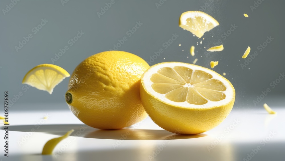 Aufkleber lemon pieces in motion: hanging, falling, and flying, set against an isolated background with clippi