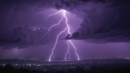 City Skyline Under a Night Sky with Purple Lightning