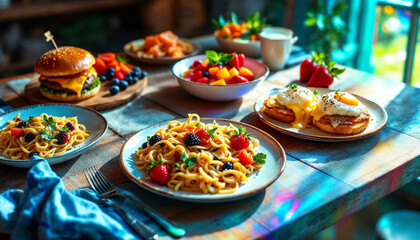 Delicious brunch spread featuring diverse dishes and vibrant colors in a casual dining space