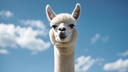Obraz premium Image of a charming white alpaca with a blue sky behind it.