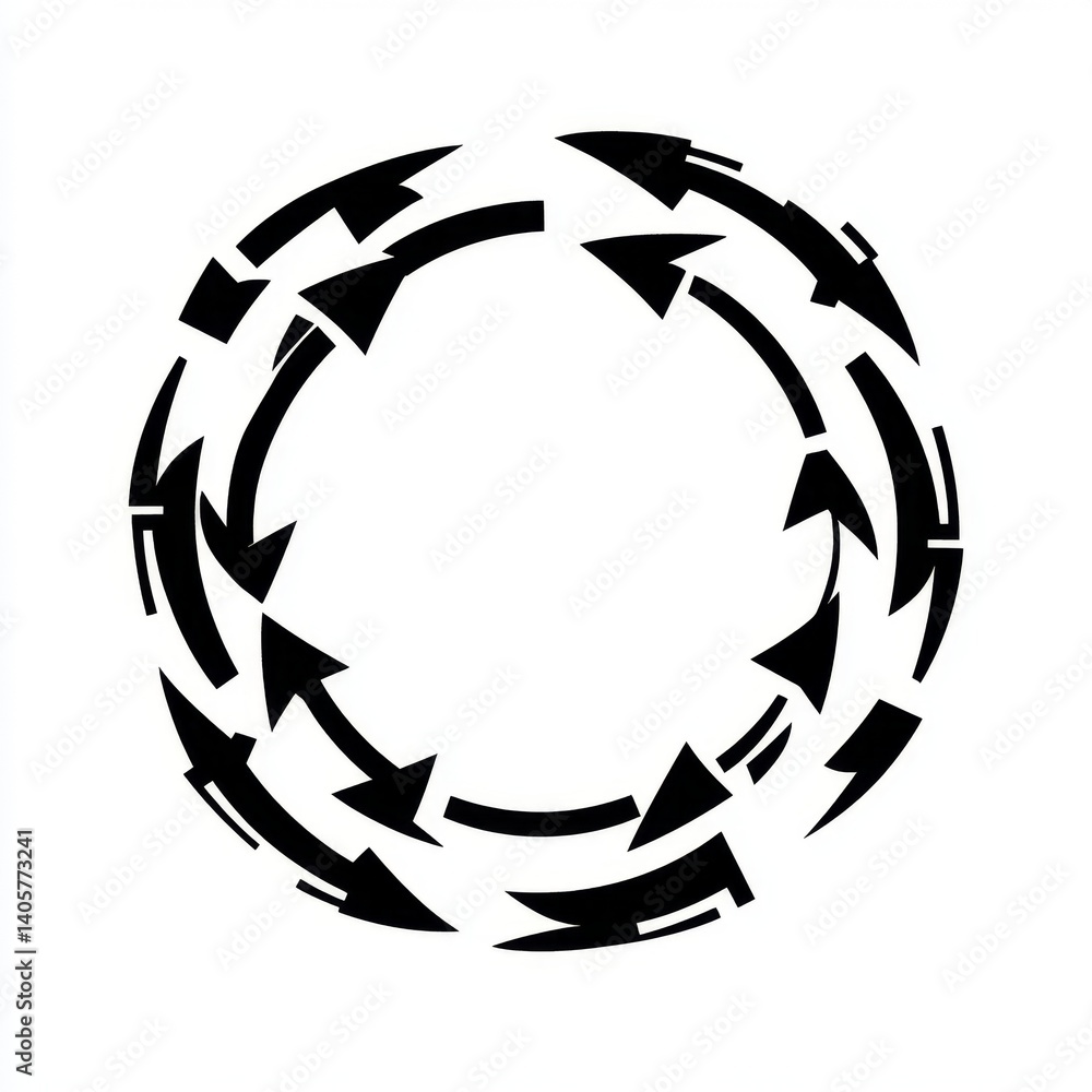 Poster circular, abstract design with interlocking arrows. intricate, repeating arrow patterns form a conti