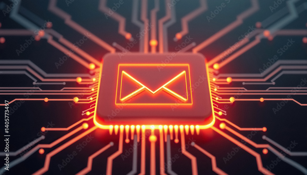 Poster email icon glowing red on circuit board symbolizing electronic communication information technology