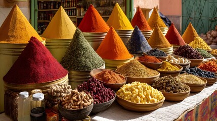 Vibrant Display of Colorful Spices at a Traditional Market in Marrakech, Morocco