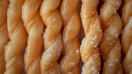 Freshly fried twisted sugar donuts  golden braided delights with crisp coating and soft interior