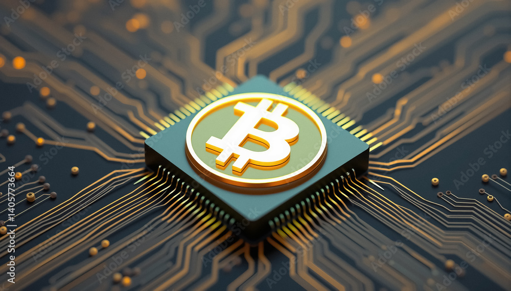 Poster digital bitcoin currency symbol on integrated circuit technological advancements in finance