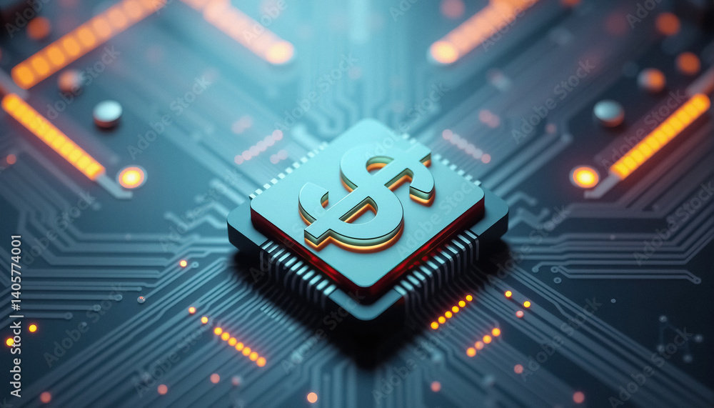 Poster digital currency dollar symbol on microchip circuit board symbolizing tech finance electronic money