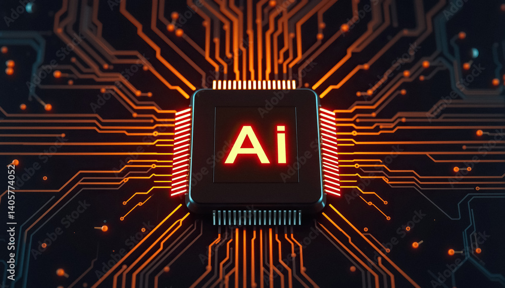 Poster AI chip with glowing circuit board pattern artificial intelligence technology and connectivity