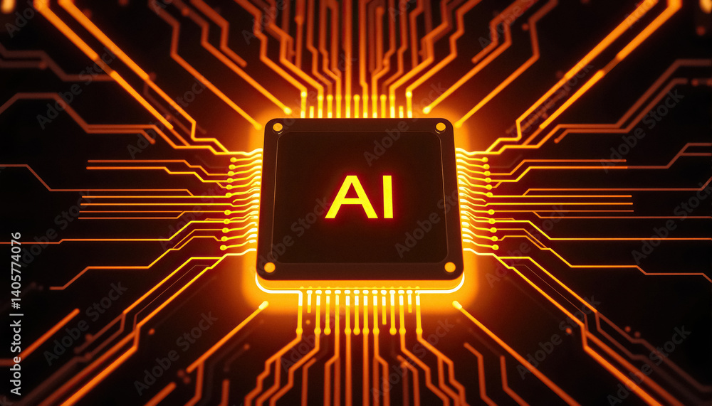 Poster Close up of AI powered microchip with glowing orange circuit lines symbolizing advanced technology