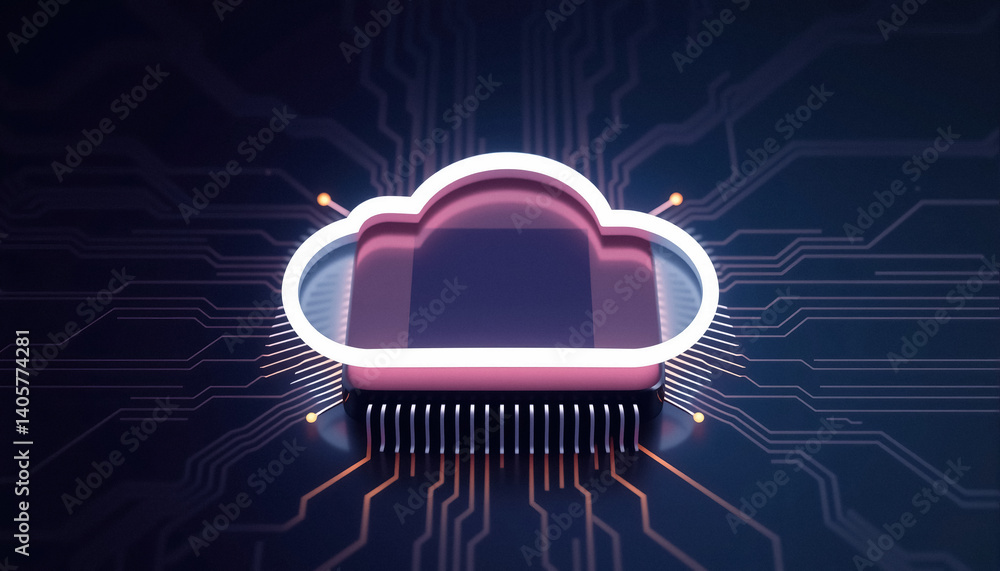 Poster Cloud computing illustration with circuit board patterns symbolizing digital technology and connectivity