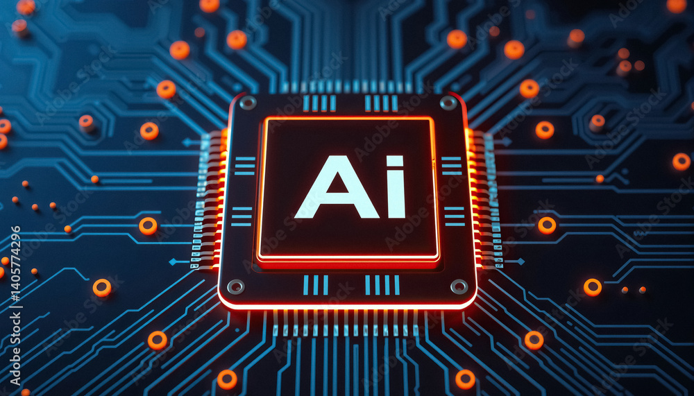 Poster Artificial Intelligence processor on circuit board with glowing connections symbol of advanced AI tech
