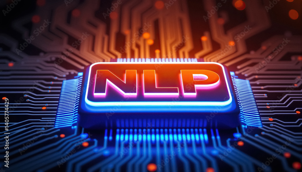 Poster Concept art of central processing unit with letters NLP glowing and surrounded by circuit board
