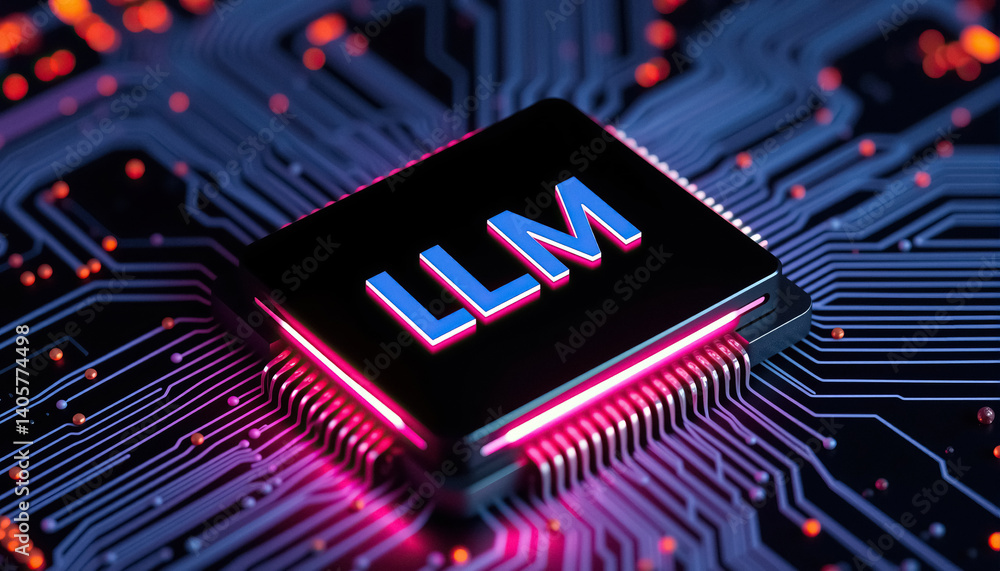 Poster LLM illuminated processing unit set against circuit board pattern with pink and red glows