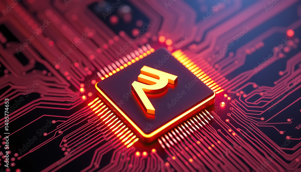 Poster digital indian rupee currency symbol on modern circuit board financial technology and data processin