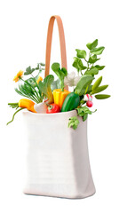A reusable tote bag filled with a vibrant assortment of fresh vegetables and herbs is displayed against a clean white background, promoting eco-friendly shopping practices