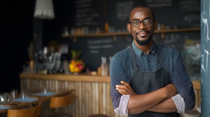 Confident African American Bistro Owner Smiling in Modern Cafe Setting with Warm Atmosphere