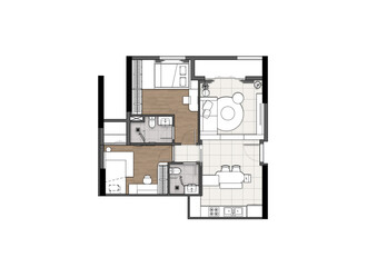Architectural plans with interior design for graphic resource. Top view, photoshop color, pastel tone, material