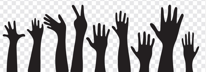Volunteers and charity work. Raised helping hands. Vector thin line icon illustrations with a crowd of people ready and available to help and contribute. Positive foundation, business, service.