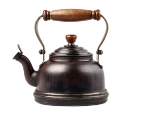 A vintage-style kettle with a wooden handle stands on a black background, showcasing its intricate design and inviting warmth to any setting.