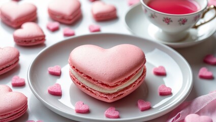 Gift in the shape of a heart. Dessert cookie confection for a romantic date. Close-up top view photo of light pink macarons.