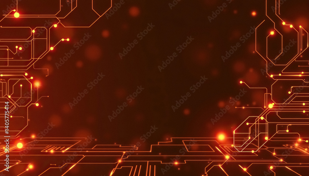Poster Abstract orange circuit board backdrop with dark central space for text graphic elements