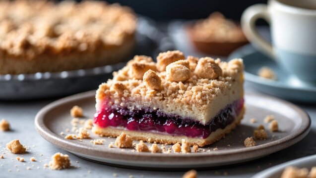 Slice of crumbly shortbread pie topped with fruit and streusel
